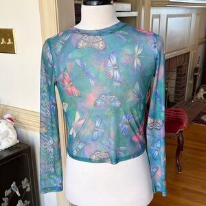 Butterfly Print Sheer Long Sleeve Top
